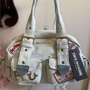 True Religion Light Blue Denim Shoulder Bag with Gold Hardware